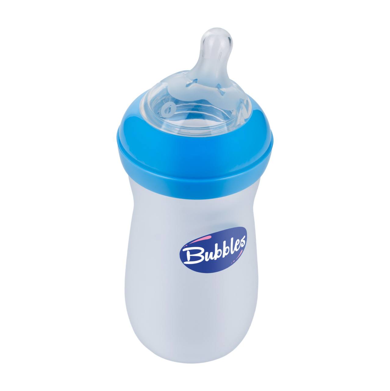 Bubbles Glass Baby Feeding Bottle 280ml with Tilted Silicone Nipple, Anti-Colic Design, BPA-Free, Easy Grip, Safe Glass Bottle for Newborns and Infants (Blue)