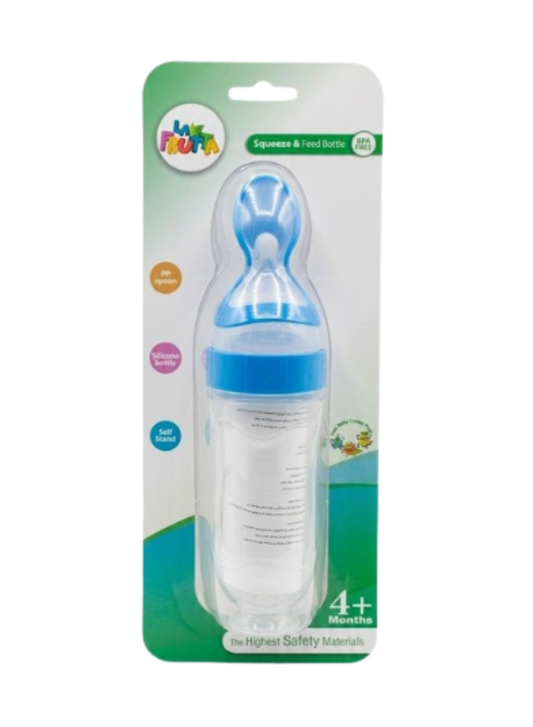 La Frutta Squeeze & Feed Baby Spoon Bottle, Silicone Baby Food Dispenser with Soft Spoon, BPA Free, Leak-Resistant, Self-Standing, for Purees & Cereal, 4+ Months (Blue)