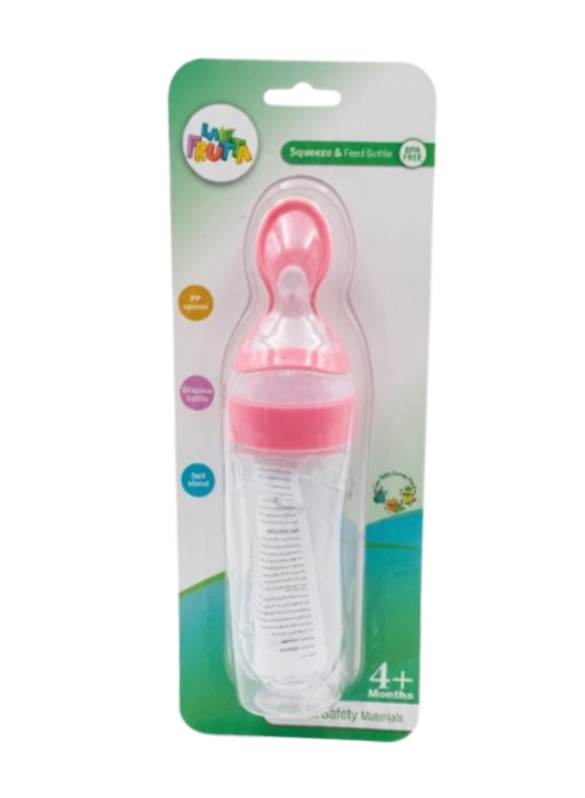 La Frutta Squeeze & Feed Baby Spoon Bottle, Silicone Baby Food Dispenser with Soft Spoon, BPA Free, Leak-Resistant, Self-Standing, for Purees & Cereal, 4+ Months (Pink)