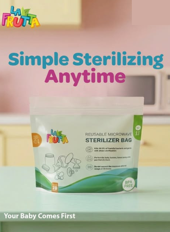 La Frutta Reusable Microwave Sterilizer Bags - 10 Bags, Up to 20 Uses Per Bag, Steam Sterilization for Baby Bottles, Pacifiers & Feeding Accessories, BPA Free